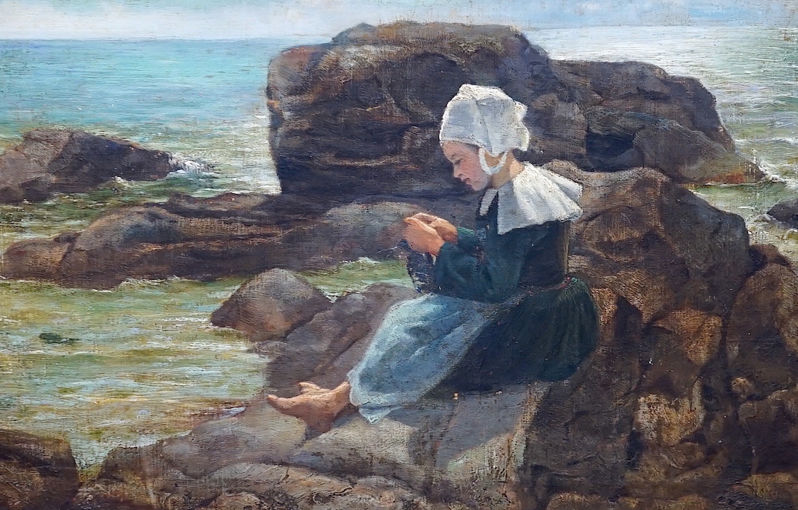 Newlyn School, oil on canvas, Girl seated on the seashore, 27 x 39cm